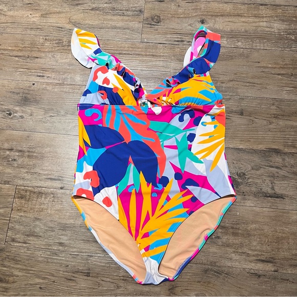 J.Crew Ruched Ruffle One-piece V-Neck Swimsuit Preppy Multicolor Size XL - Picture 5 of 11